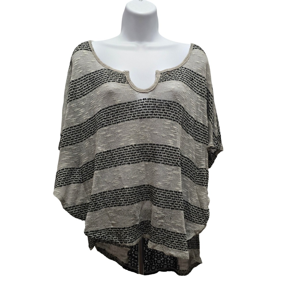 L8ter Womens Striped Loose Knit Poncho Top Black Cream Lace Back Airy Boho Large